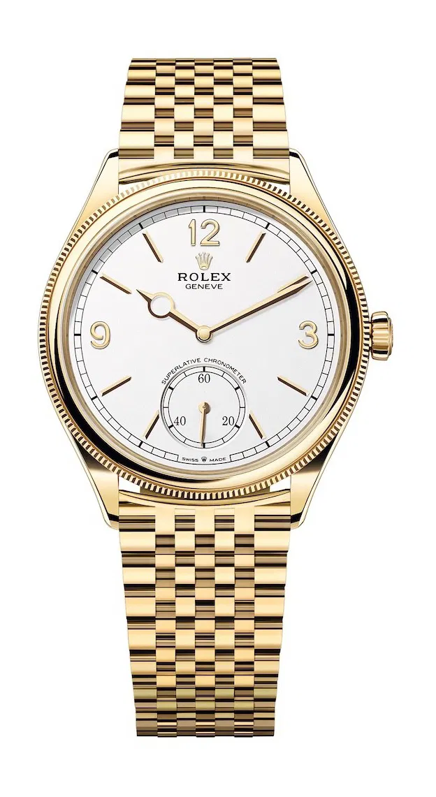 1908 Geneve in Yellow Gold with Domed and Fluted Bezel on Yellow Gold Jubilee Bracelet with White Dial