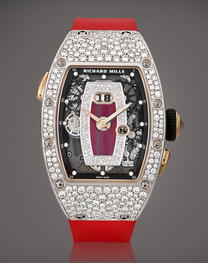 RM037 Automatic in White Gold with Diamond Case on Red Rubber Strap with Red Gem-Set Skeleton Dial
