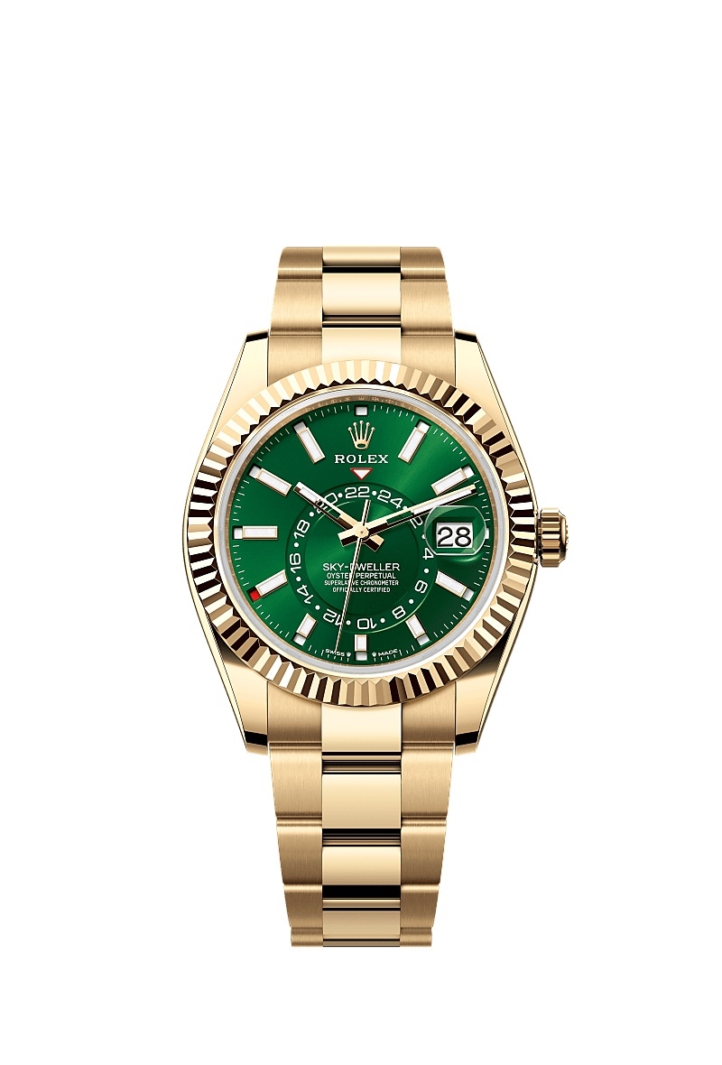 Sky Dweller 42mm in Yellow Gold on Oyster Bracelet with Green Stick Dial