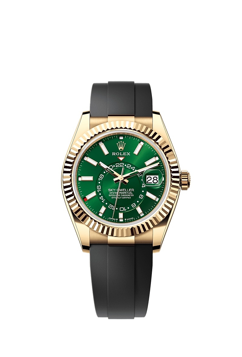 Sky Dweller 42mm in Yellow Gold with Fluted Bezel on Strap with Green Stick Dial
