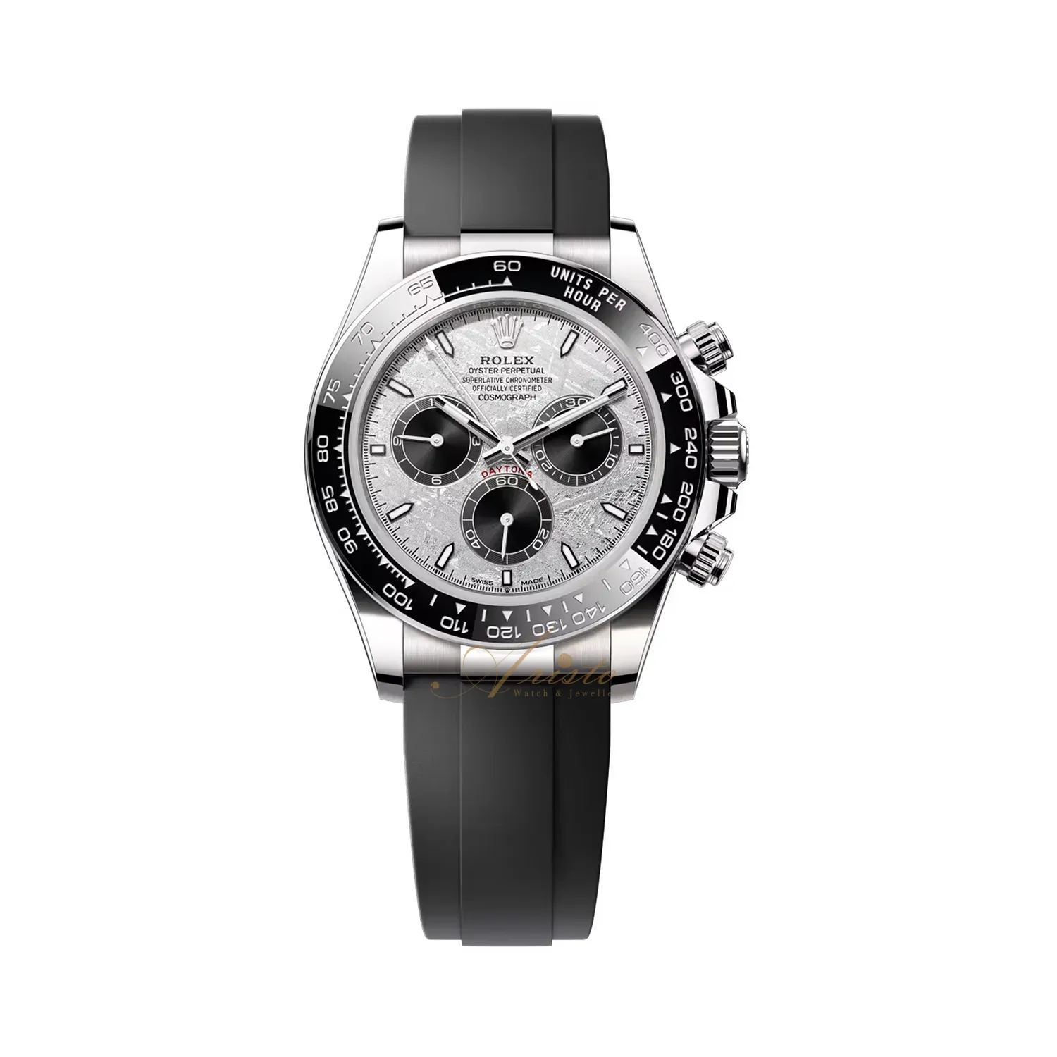Daytona in White Gold with Ceramic Bezel on Black Rubber Strap with Meteorite Dial