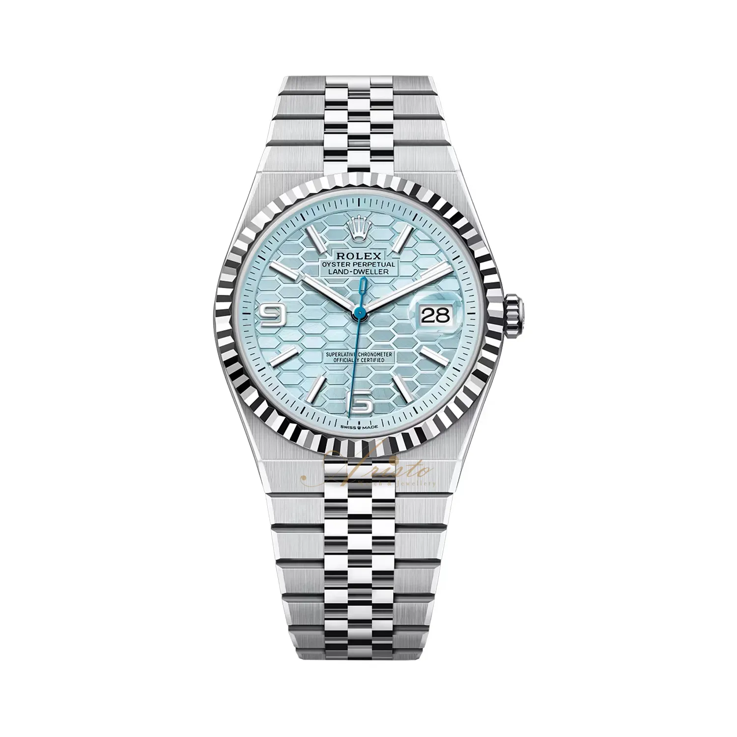 Land Dweller 40mm in Platnium with Fluted Bezel on Platnium Jubilee Bracelet with Ice Blue Honeycomb Index Dial