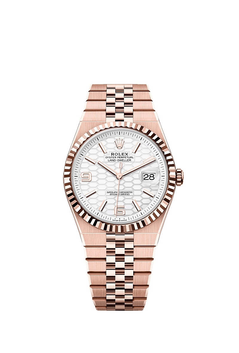 Land Dweller 40mm in Rose Gold with Fluted Bezel on Rose Gold Jubilee Bracelet with White Honeycomb Index Dial