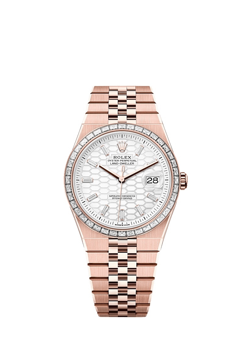 Land Dweller 40mm in Rose Gold with Baguette Diamond Bezel on Rose Gold Jubilee Bracelet with White Honeycomb Index Dial