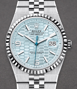 Land Dweller 36mm in Platinum with Fluted Bezel on Platinum Jubilee Bracelet with Ice Blue Honeycomb Index Dial