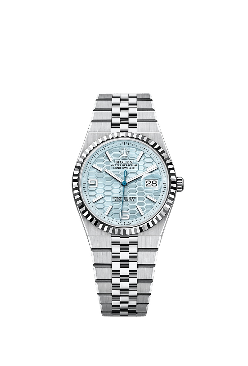 Land Dweller 36mm in Platinum with Fluted Bezel on Platinum Jubilee Bracelet with Ice Blue Honeycomb Index Dial