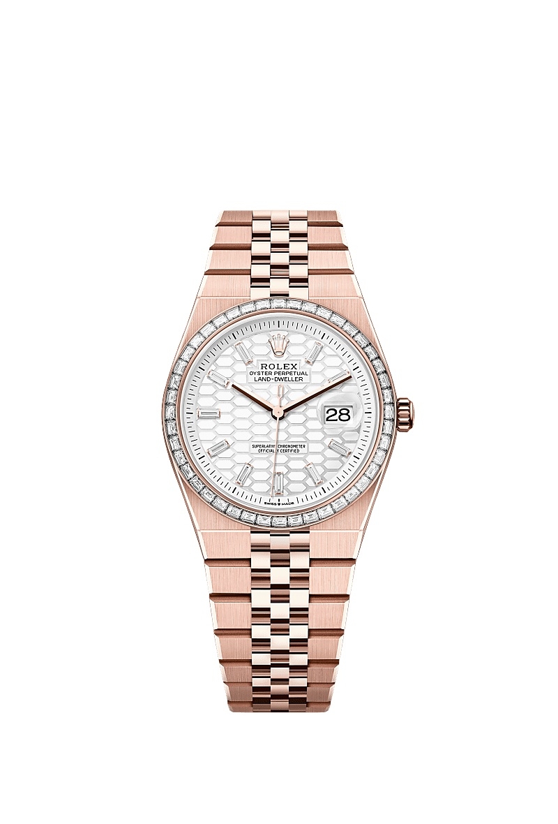 Land Dweller 36mm in Rose Gold with Baguette Diamond Bezel on Rose Gold Jubilee Bracelet with White Honeycomb Diamond Dial