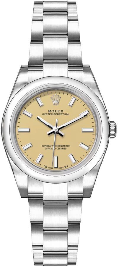 Oyster Perpetual 28mm No Date in Steel with Domed Bezel on Oyster Bracelet with Beige Stick Dial