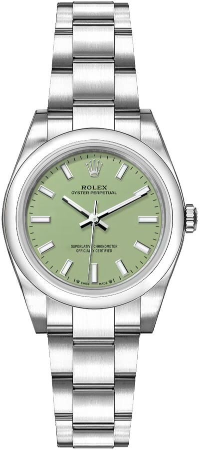 Oyster Perpetual 28mm No Date in Steel with Domed Bezel on Oyster Bracelet with Pistachio Stick Dial