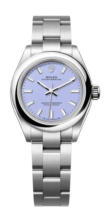 Oyster Perpetual 28mm No Date in Steel with Domed Bezel on Oyster Bracelet with Lavender Stick Dial