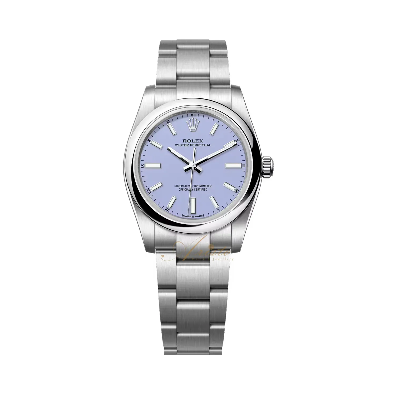 Oyster Perpetual 34mm in Steel on Bracelet with Lavender Index Dial