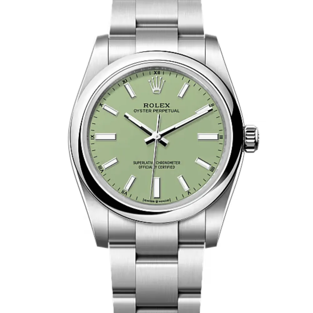 Oyster Perpetual 34mm in Steel on Bracelet with Pistachio Index Dial