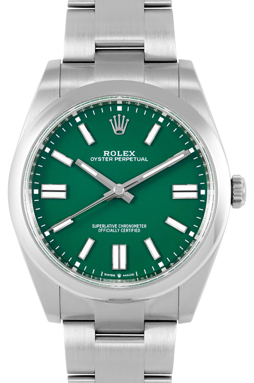 Oyster Perpetual 41mm in Steel with Smooth Bezel on Steel Oyster Bracelet with Green Index Dial