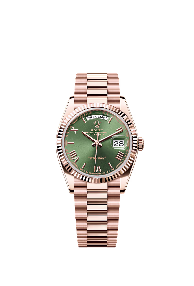 President Day-Date 36mm in Rose Gold with Fluted Bezel on President Bracelet with Green Roman Dial