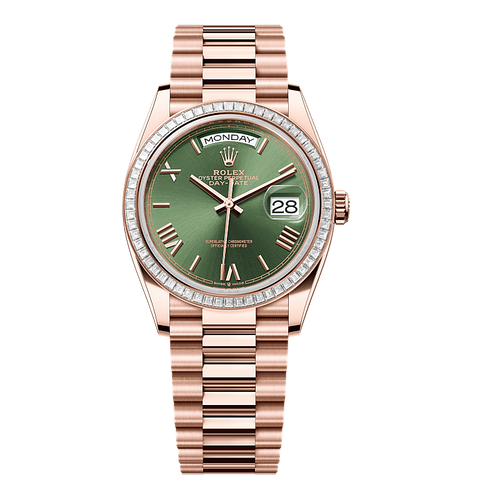 President Day Date 36mm in Rose Gold with Diamond Bezel on President Bracelet with Green Roman Dial
