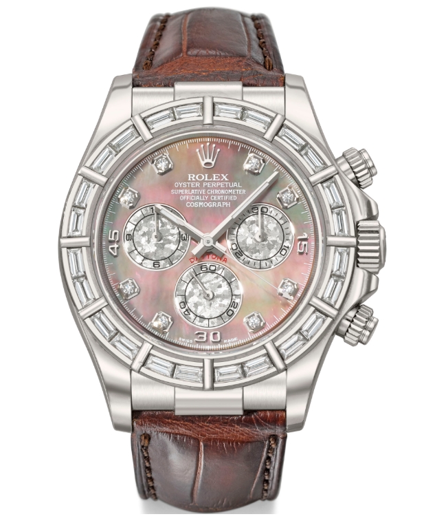 Daytona Special Edition in White Gold with Baguette Diamond Bezel on Brown Crocodile Leather Strap with Black MOP Diamond Dial