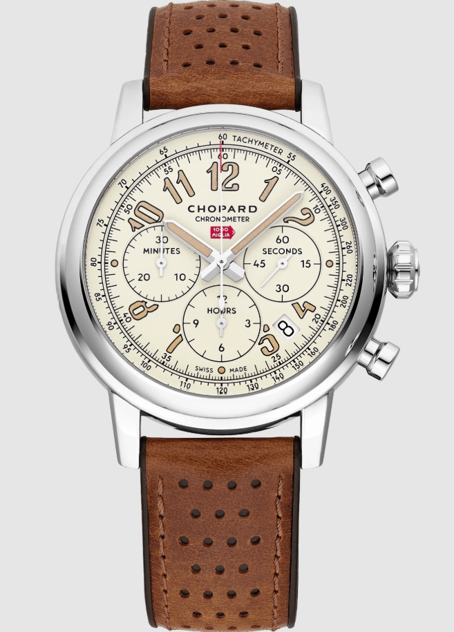 Mille Miglia Chronograph 42mm Automatic in Steel on Brown Leather Strap with Cream Arabic Dial