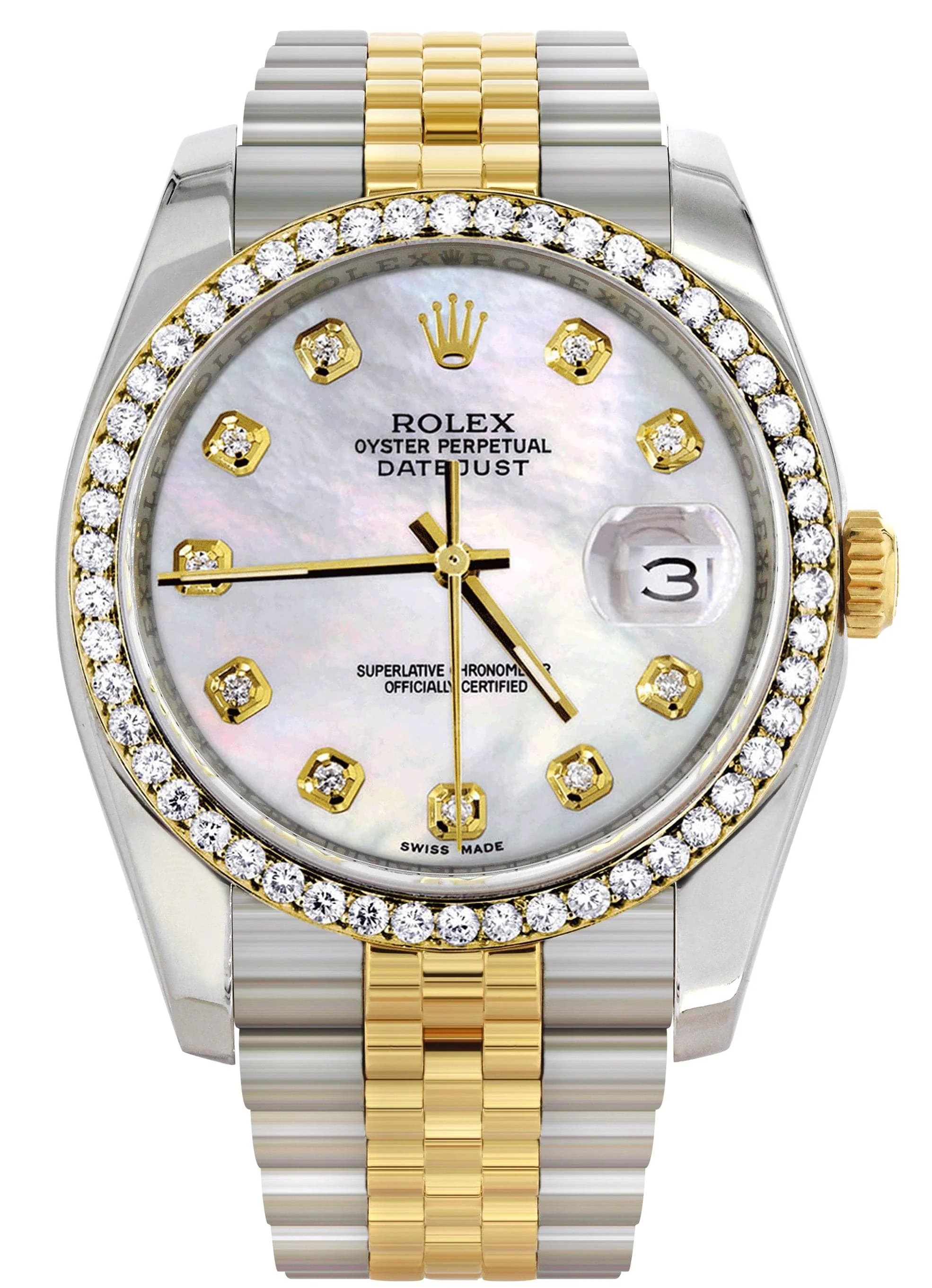 Datejust 36mm in Steel with Yellow Gold Fluted Bezel on New Style Jubilee Bracelet with White MOP Diamond Dial