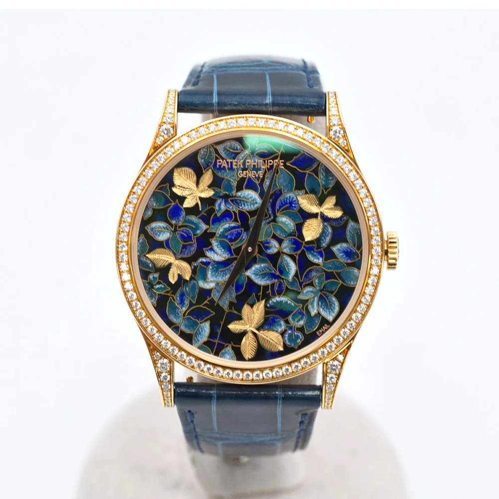 Ladies Calatrava in Rose Gold with Diamond Bezel on Blue Crocodile Leather Strap with Hand Painted Enamel Dial