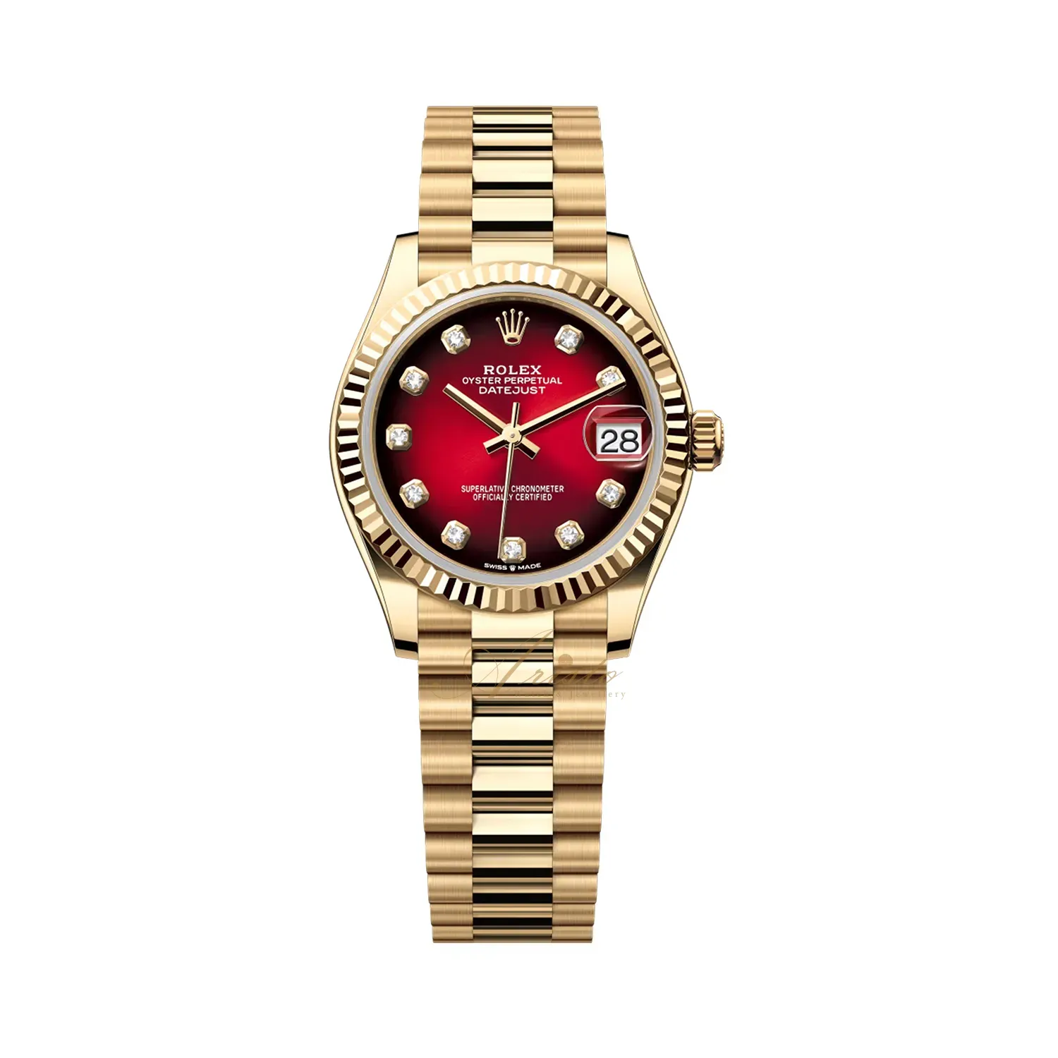 President 31mm Mid Size in Yellow Gold with Fluted Bezel on President Bracelet with Red Diamond Dial