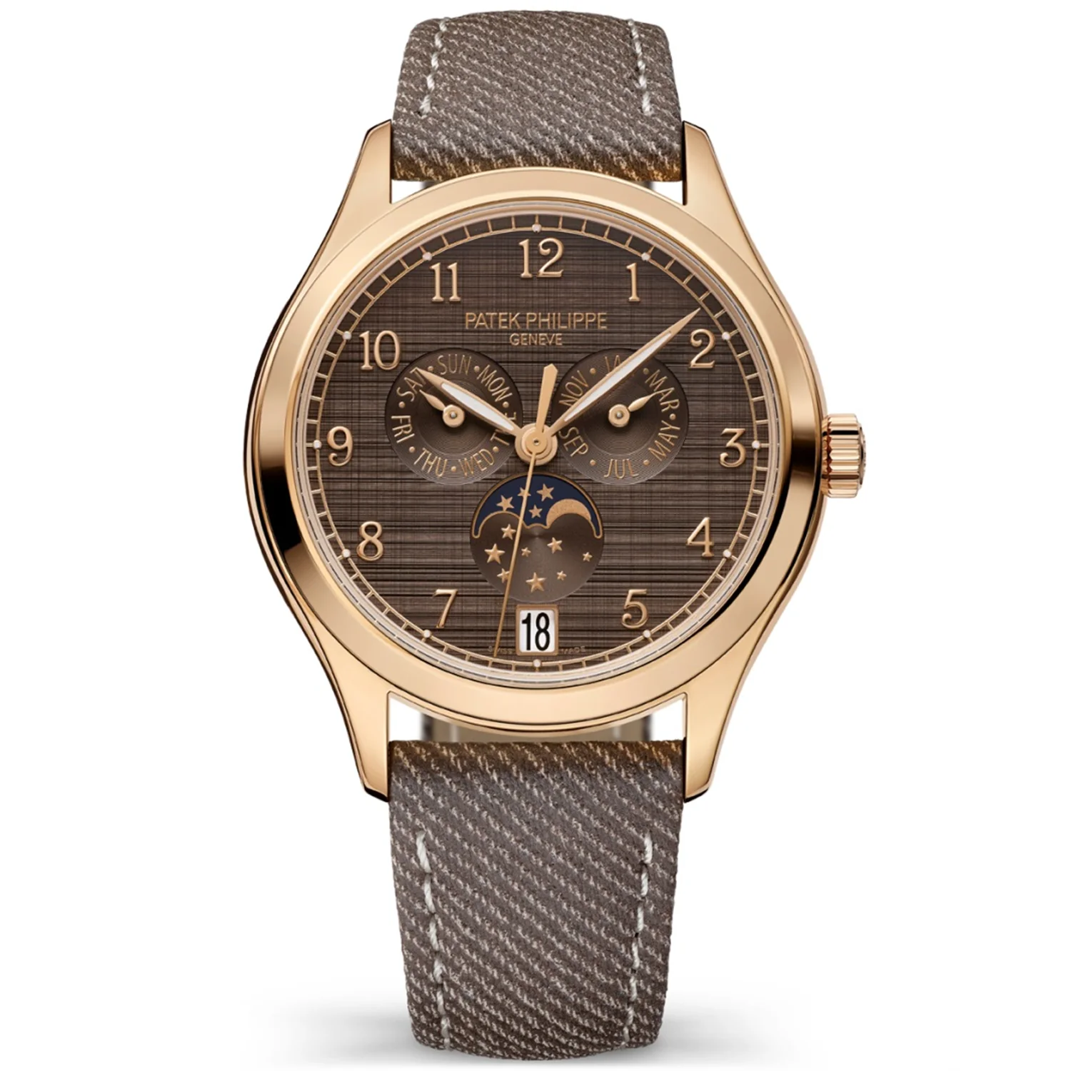 Annual Calendar Ref 5961R-010 in Rose Gold on Brown Denim Pattern Calfskin Strap with Chestnut Brown Dial
