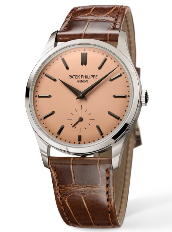 Calatrava 6196 Automatic in Platinum on Brown Crocodile Leather Strap with Rose Gilt Opaline Dial