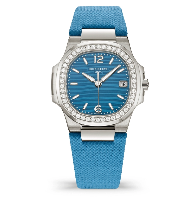 Nautilus Lady's 32mm Quartz in White Gold with Diamond Bezel on Azure Blue Composite Strap with Lacquered Azure Blue Dial
