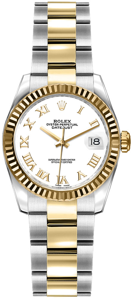 Datejust 2-Tone 26mm Yellow Gold Fluted Bezel on Oyster Bracelet with White Roman Dial