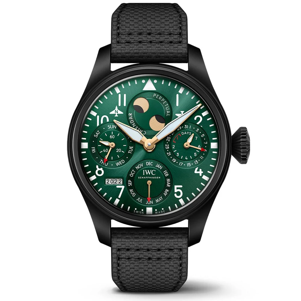 Big Pilot Perpetual Calendar 46.5mm in Black Ceramic  on Black Fabric Strap with Green Dial