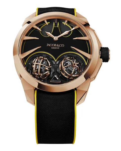 Gotham City Double Tourbillon 46mm in Rose Gold - Limited to 36 pcs on Black Cordura & Yellow Rubber Strap with Black Dial