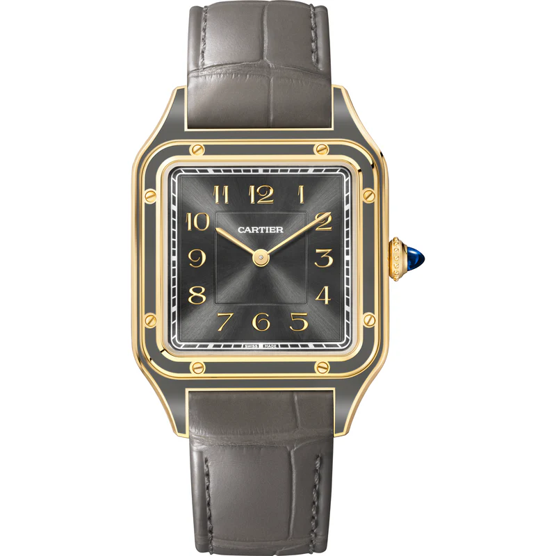 Santos Dumont Large Size in Yellow Gold on Gray Alligator Leather Strap with Taupe Gray Dial