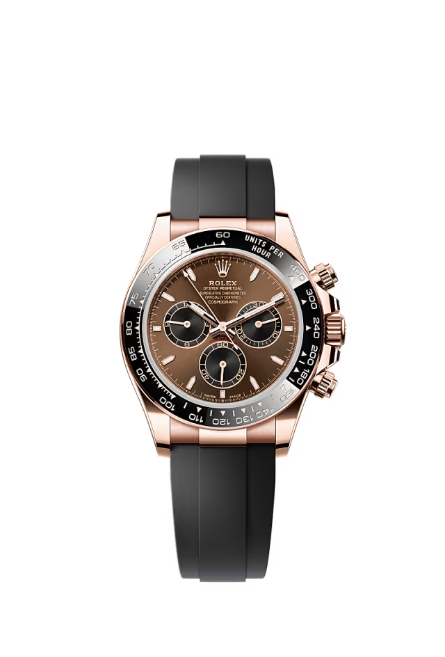 Daytona 40mm in Rose Gold with Black Ceramic Bezel on Strap with Chocolate Dial