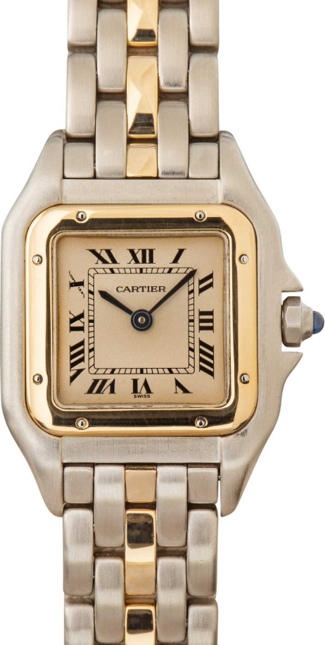 Panther 22mm Small Size in Steel and Yellow Gold Bezel on Steel and 1 Row Yellow Gold Bracelet with White Roman Dial