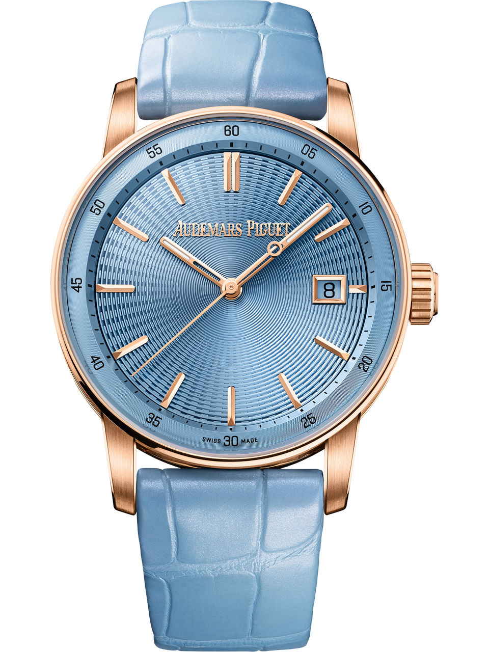 Code 11.59 Automatic in Rose Gold on Pearly Light Blue Crocodile Leather Strap with Light Blue Dial