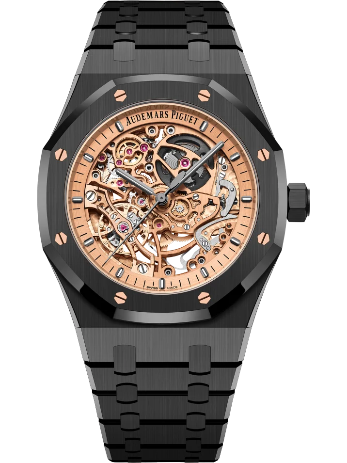 Royal Oak Double Balance 41mm in Black Ceramic Limited to 150 pcs on Black Ceramic Bracelet with Rose Skeleton Dial