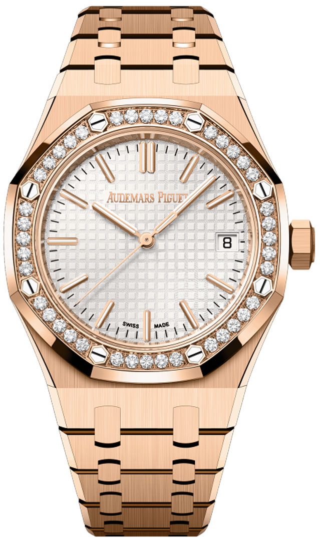 Royal Oak 37mm in Rose Gold with Diamond Bezel on Rose Gold Bracelet with Silver Dial