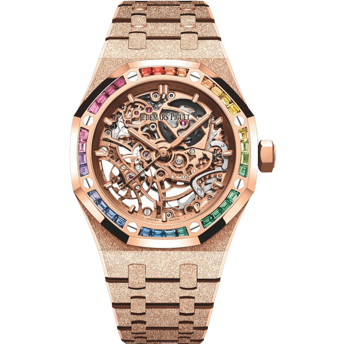 Royal Oak 37 Double Balance Wheel in Frosted Rose Gold with Rainbow Bezel On Frosted Rose Gold Bracelet with Skeleton Dial