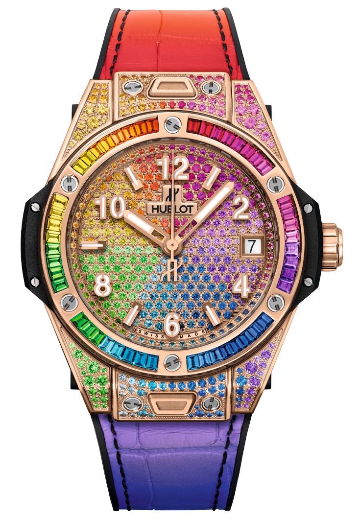 Big Bang One Click 39mm in Rose Gold with Pave Rainbow Diamond Case on Rainbow Alligator Leather Strap with Pave Rainbow Diamond Dial