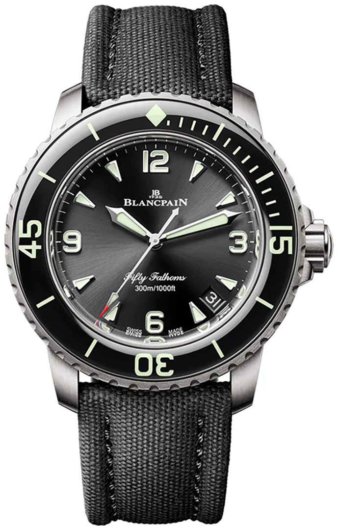 Fifty Fathoms Automatique in Titanium with Black Bezel on Black Sail Fabric Strap with Black Dial