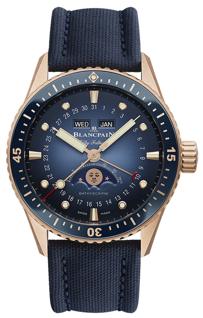 Bathyscaphe Quantieme Complet Phases de Lune in Rose Gold with Blue Bezel On Blue Sail Fabric Strap with Blue Dial