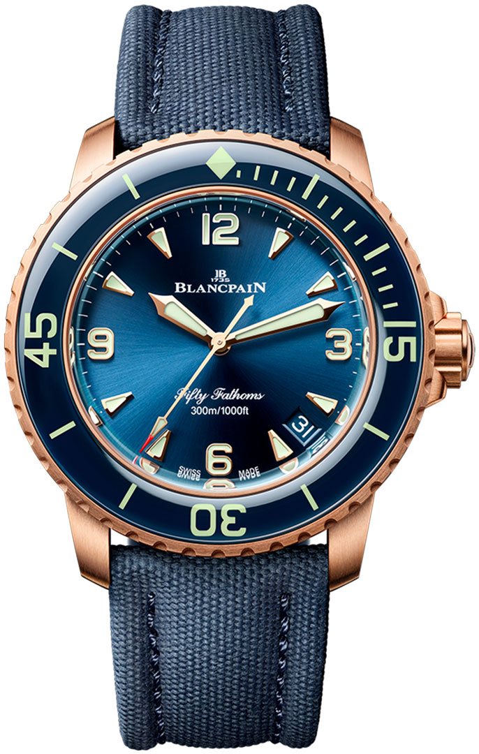Fifty Fathoms Automatique in Rose Gold with Blue Bezel on Blue Sail Fabric Strap with Blue Dial