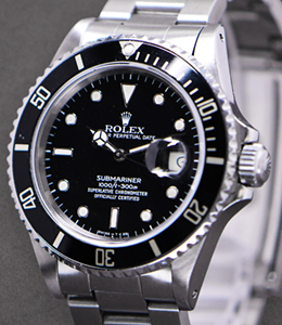 Submariner in Steel with Black Bezel Reference 168000 on Oyster Bracelet With Black Dial