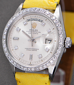 President Day Date in White Gold with Silver Diamond Dial on Custom Yellow Strap with Custom Diamond Bezel