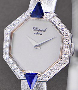 Classique Hexagon with Diamond nd Sapphire Bezel on White Gold Bracelet