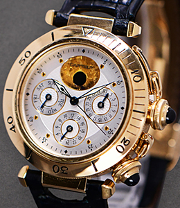 Pasha Yellow Gold Triple Date Moonphase on Strap with Silver Dial 