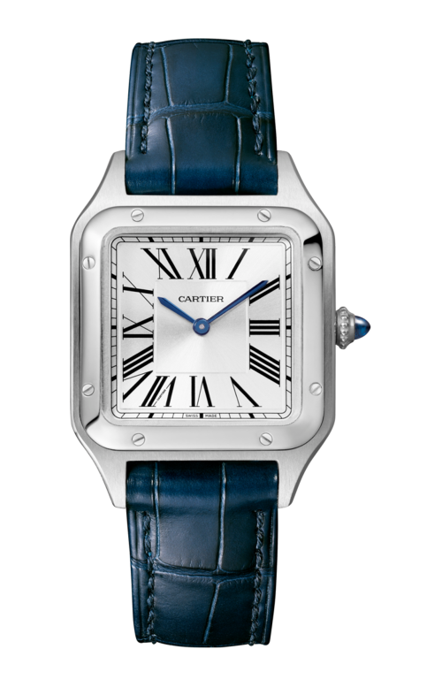 Santos Dumonte Ladies in Steel on Blue Crocodile Leather Strap with Silver Dial