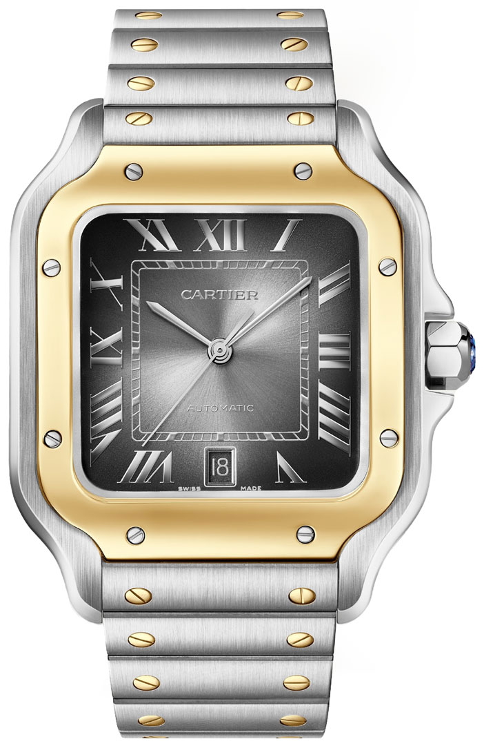 Santos de Cartier 39.8mm in Steel with Yellow Gold Bezel on Steel and Yellow Gold Bracelet with Grey Roman Dial
