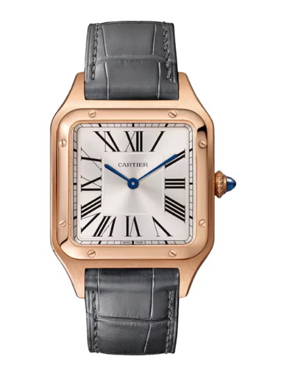 Santos Dumont Large in Rose Gold on Grey Crocodile Leather Strap with Silver Dial