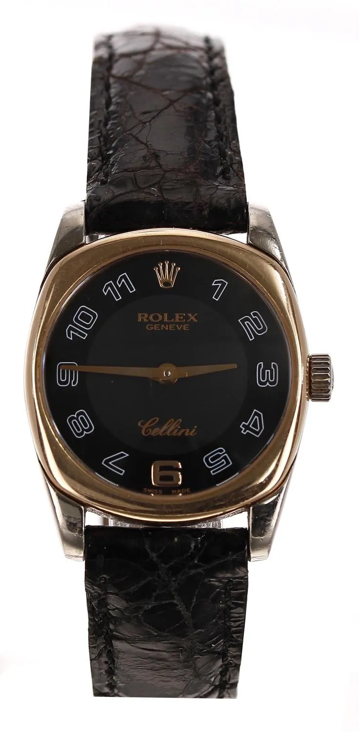 Cellini Danaos in White Gold with Rose Gold Bezel on Strap with Black Arabic Dial