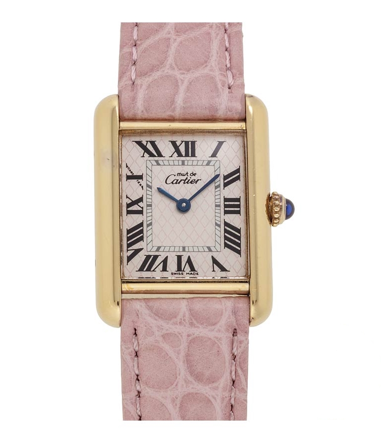 Tank Must Vermeil Aquarino Quartz in Yellow Gold on Pink Leather Strap with Pink Dial